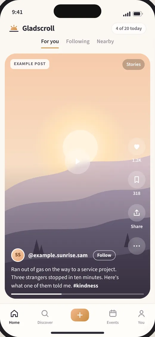 Gladscroll home feed showing an example member video post