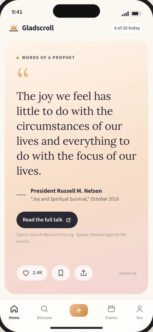 Gladscroll quote card with a link to read the full talk